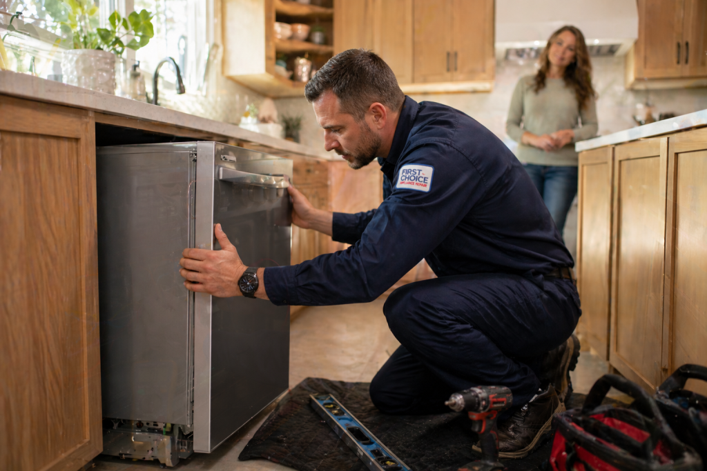 Expert appliance installer setting up a new dishwasher in a residential kitchen in Red Deer.